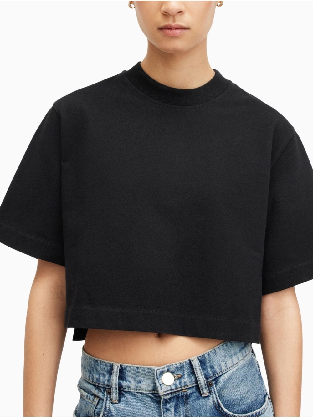 AllSaints Lottie Cropped T-Shirt Black Organic Cotton Boxy Side Split Size M